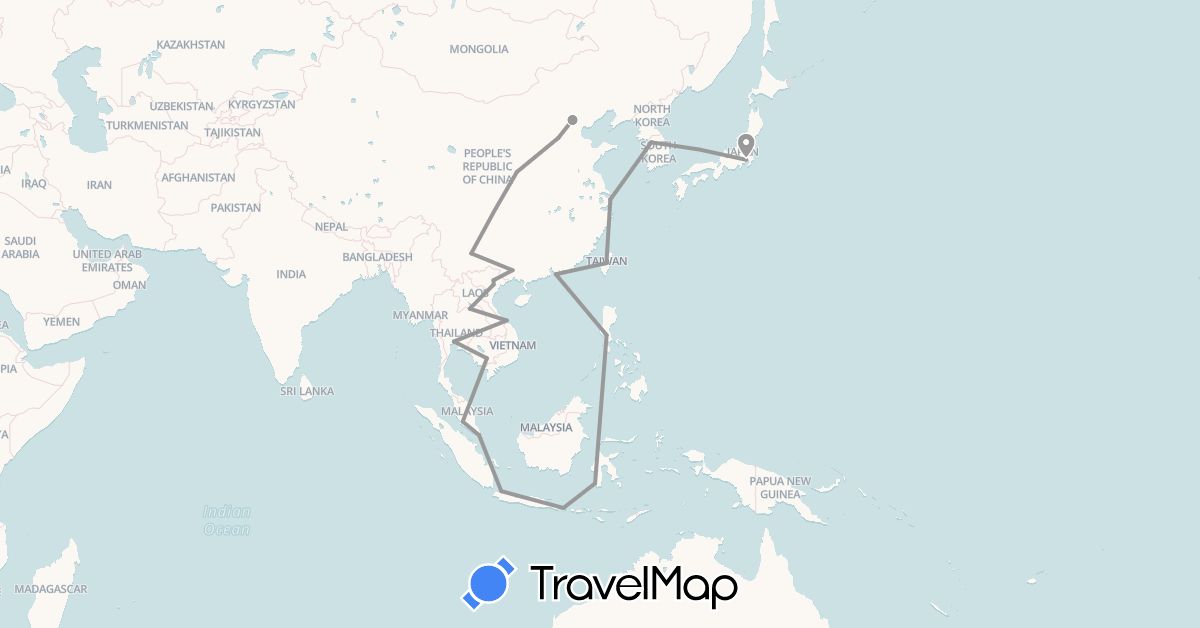 TravelMap itinerary: driving, plane in China, Hong Kong, Indonesia, Japan, Cambodia, South Korea, Laos, Malaysia, Philippines, Singapore, Thailand, Taiwan, Vietnam (Asia)